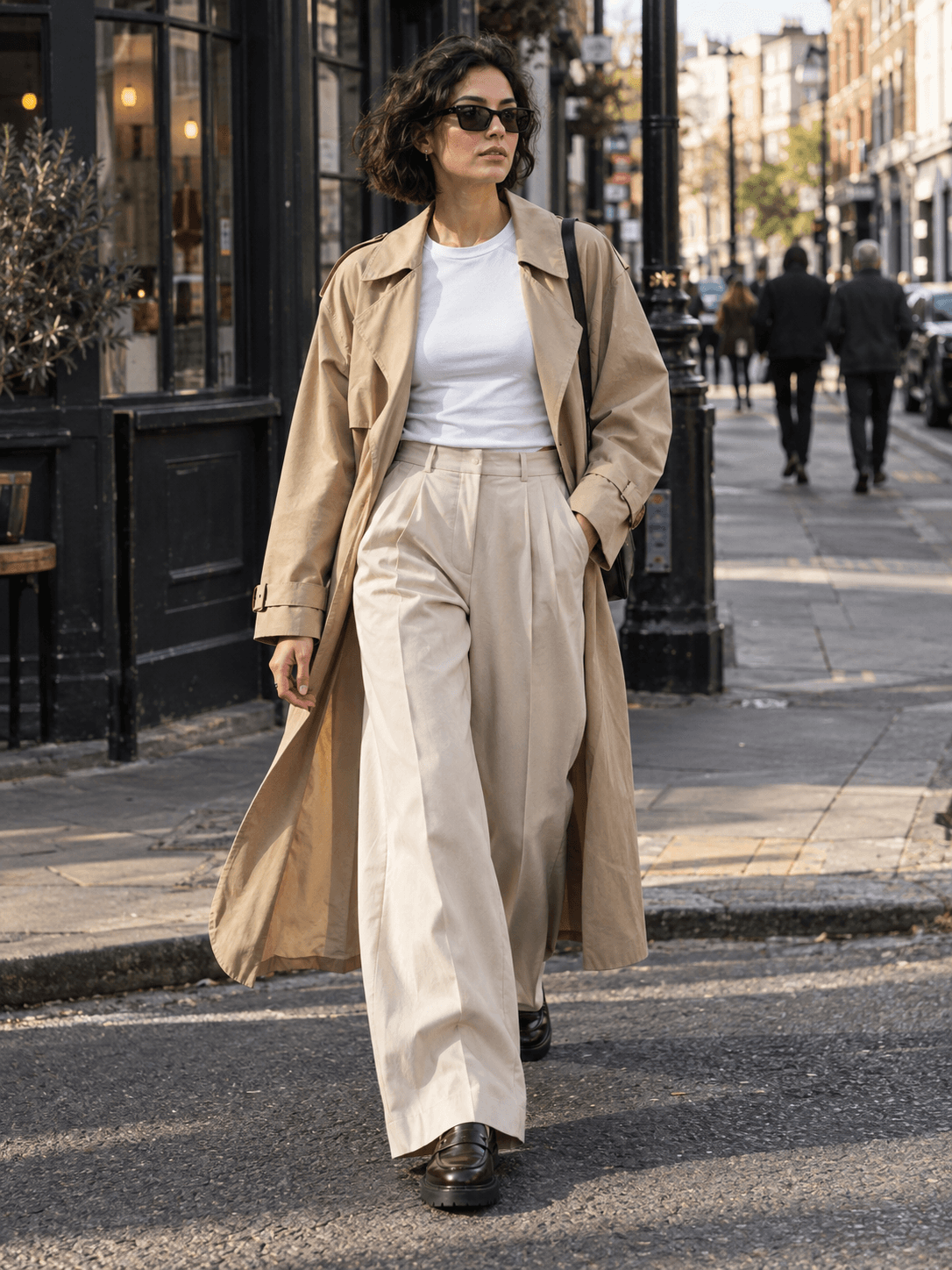 AI styling illustration of a fictional adult woman walking along a city street in an open beige trench, pale wide-leg trousers and brown loafers.