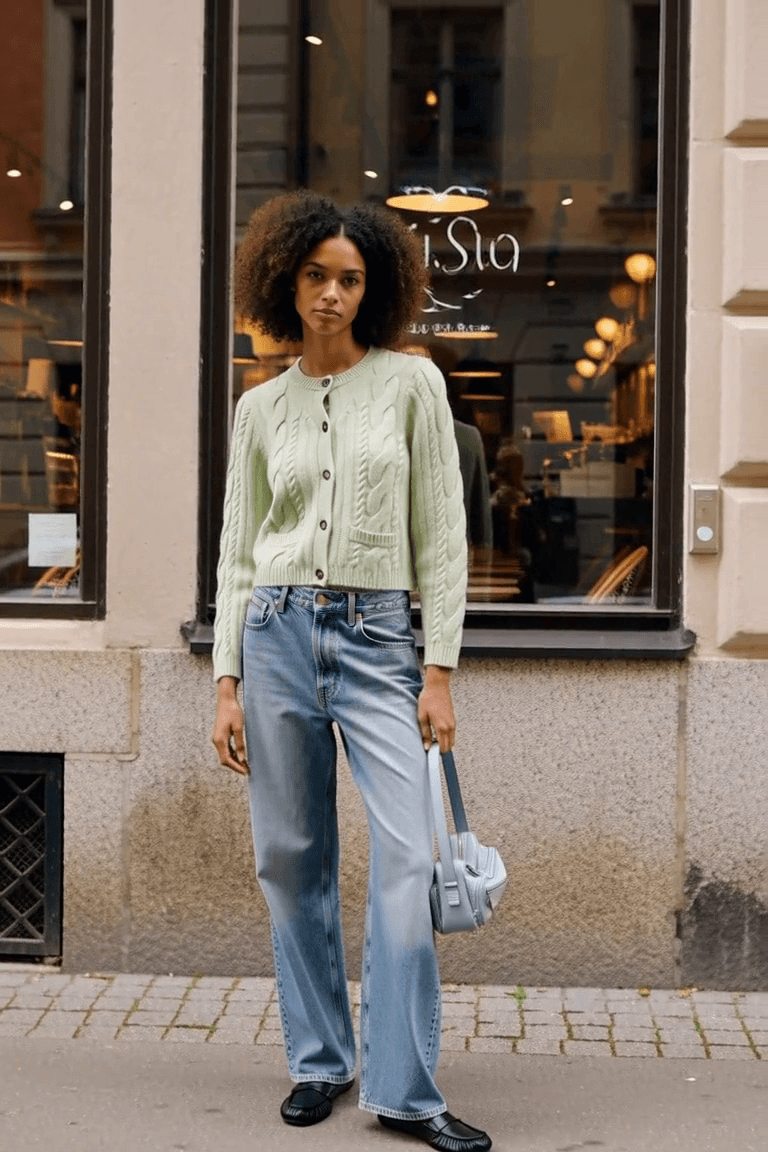 AI styling film of an adult woman in a pale sage cardigan, faded blue jeans and black flats carrying a small blue bag.