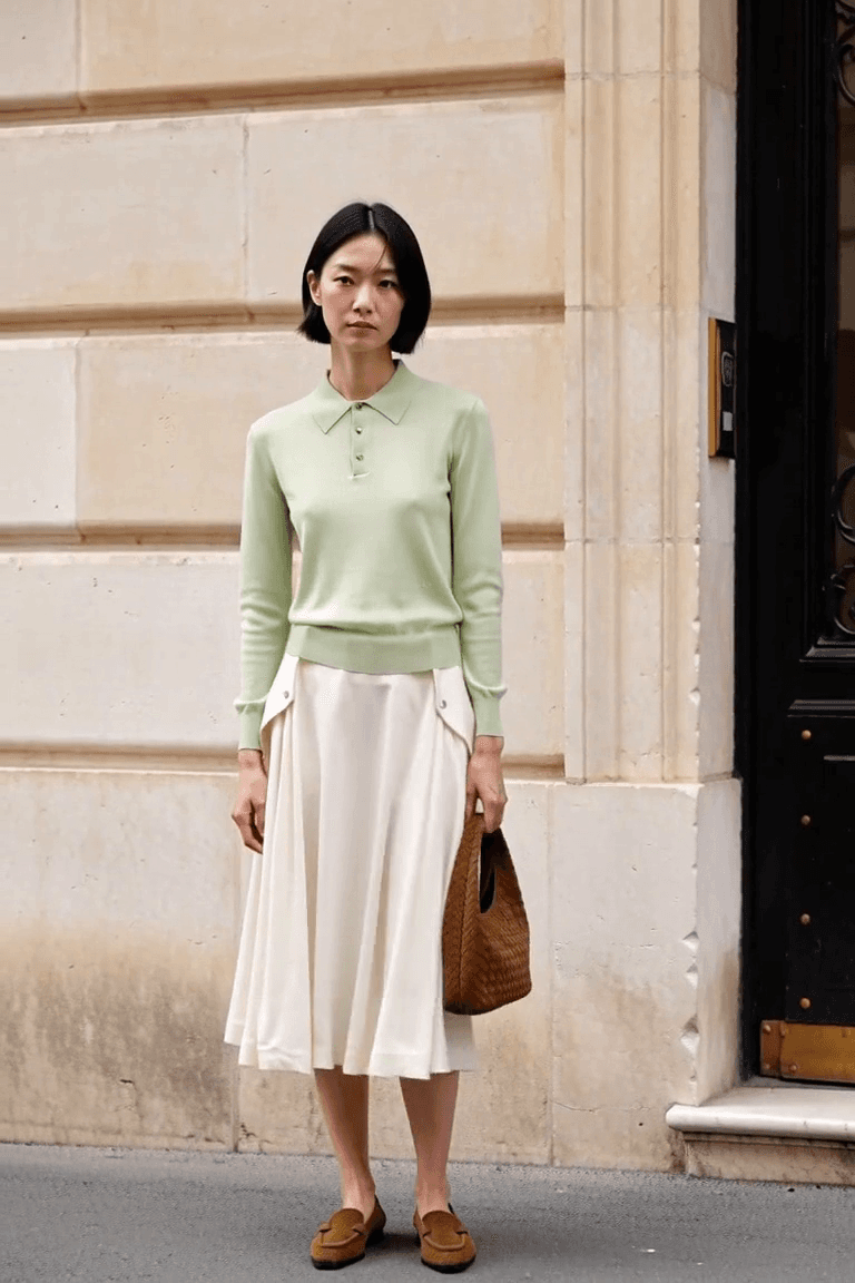 AI styling film of an adult woman in a pale green polo, ivory midi skirt, brown woven loafers and a brown woven bag.