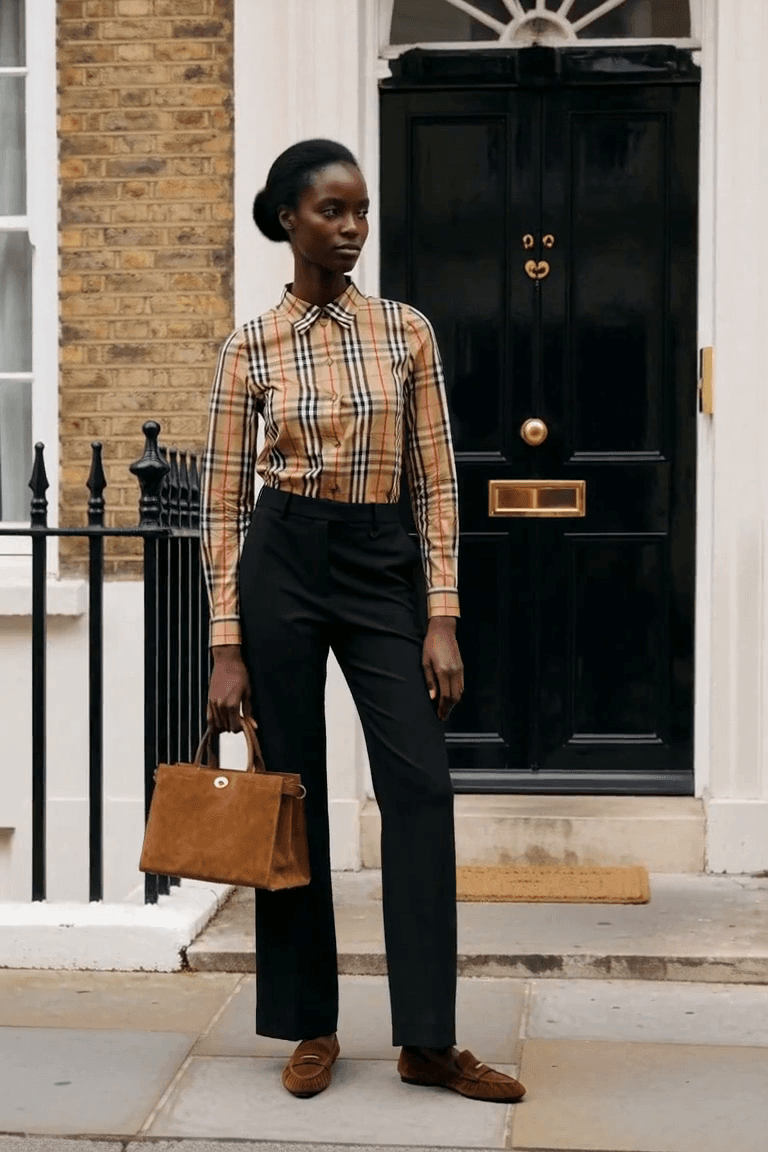 AI styling film of an adult woman in a checked shirt, black bootcut trousers and brown loafers carrying a small brown tote.