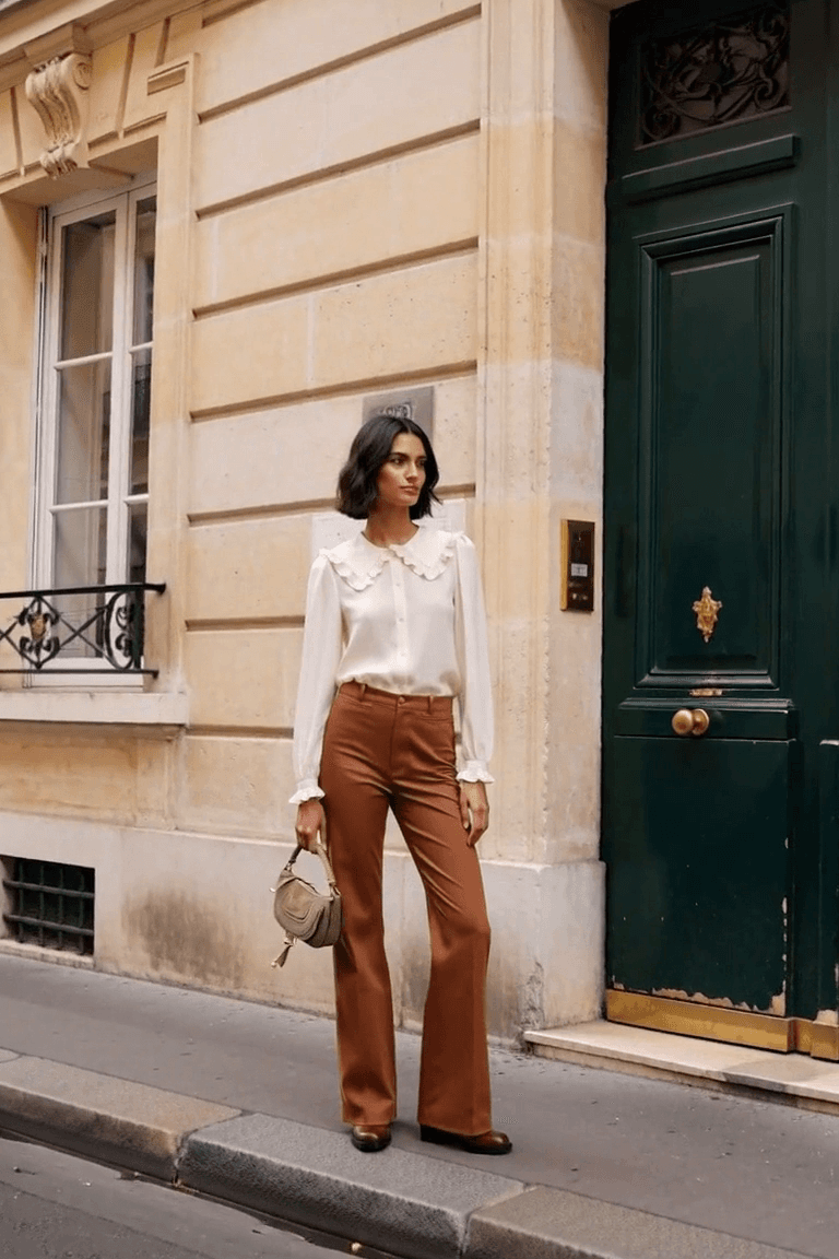 AI styling film of an adult woman in a cream ruffled blouse and warm brown flared trousers worn over brown boots, carrying a small brown bag.