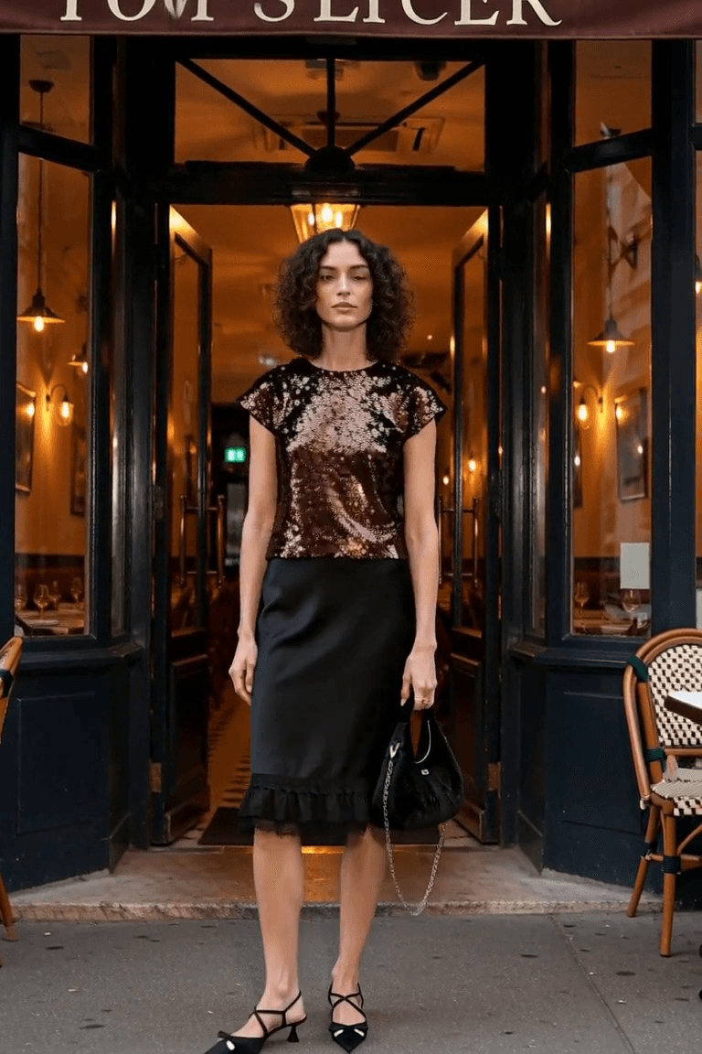 AI styling visual of a fictional adult woman wearing the GANNI evening outfit; exact pieces appear in the retailer photographs.