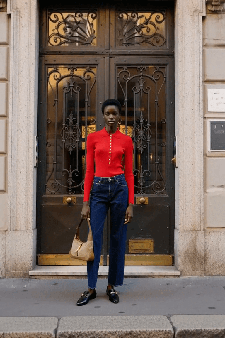 AI styling film of an adult woman in a red ribbed polo, dark blue jeans and black Horsebit loafers carrying a neutral shoulder bag.