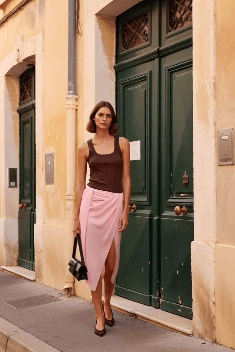 AI styling visual of an adult woman in a brown tank and pale-pink sarong midi skirt, wearing burgundy pumps and carrying a brown shoulder bag.