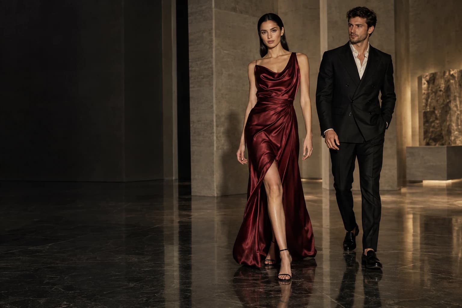 Original Catwalker editorial: evening satin and sculptural tailoring in a stone gallery.