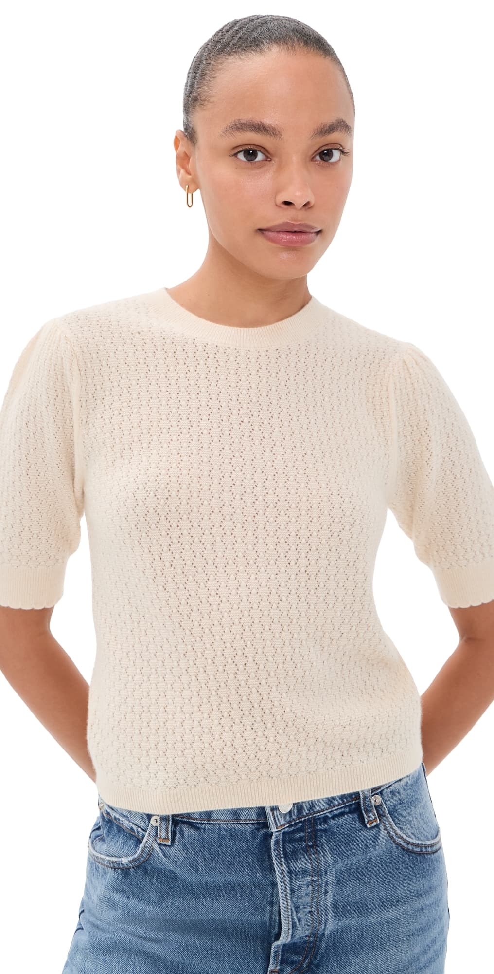 FRAME The Gathered Honeycomb Cashmere Sweater Cream