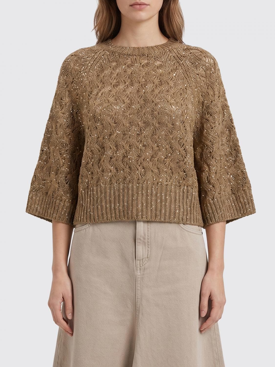 Brunello Cucinelli Silk Blend Knit Top with Embroidered Sequins · L