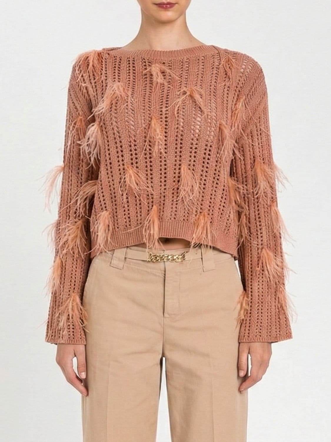 Twinset Perforated Knit Pullover with Feathers