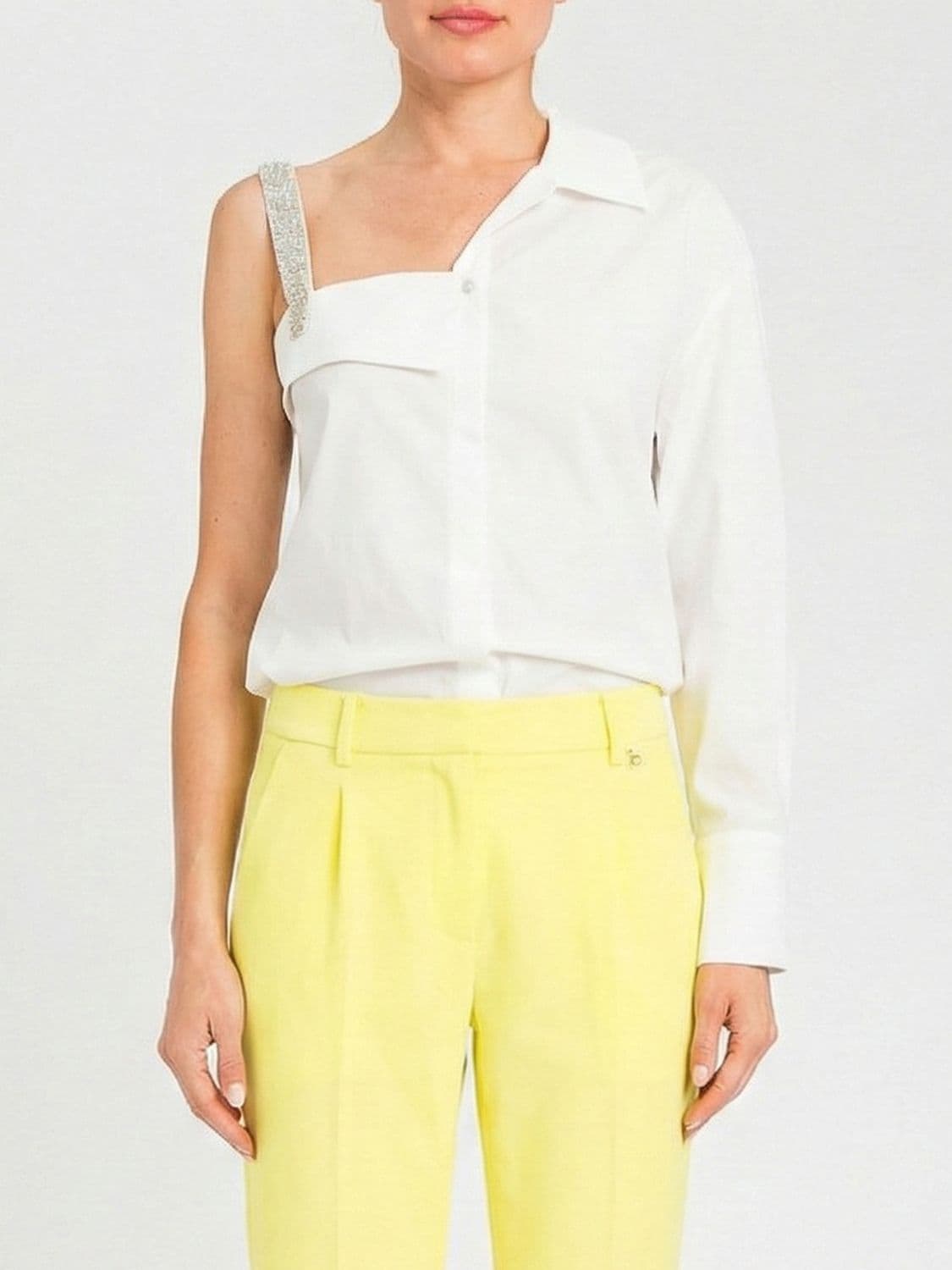 Actitude Twinset One-Shoulder Cotton Shirt with Rhinestones