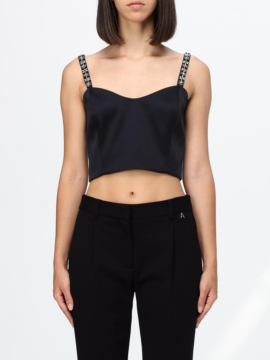 Twinset Satin Cropped Top with Rhinestones