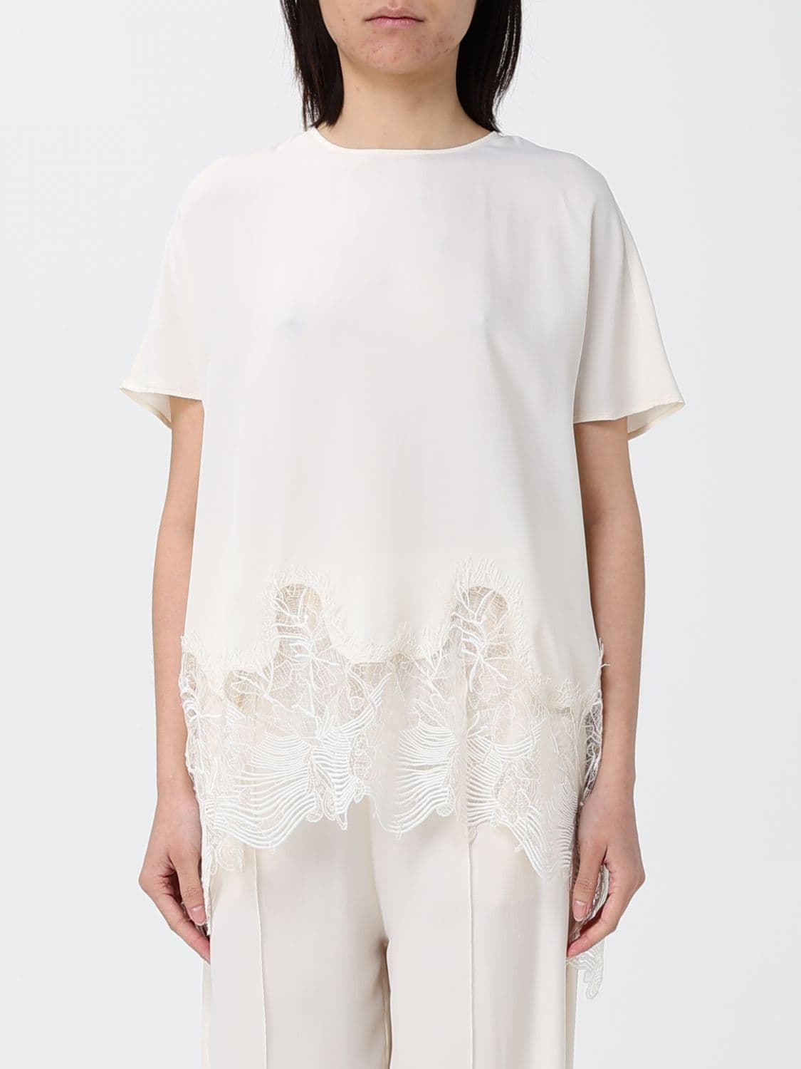 Fabiana Filippi Silk Blend Crew-Neck Blouse with Lace Inserts