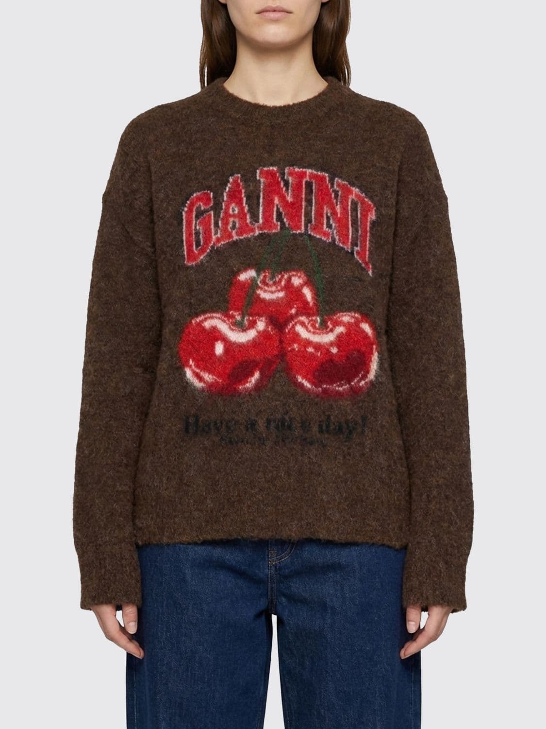 Ganni Crew-Neck Wool Pullover with Logo