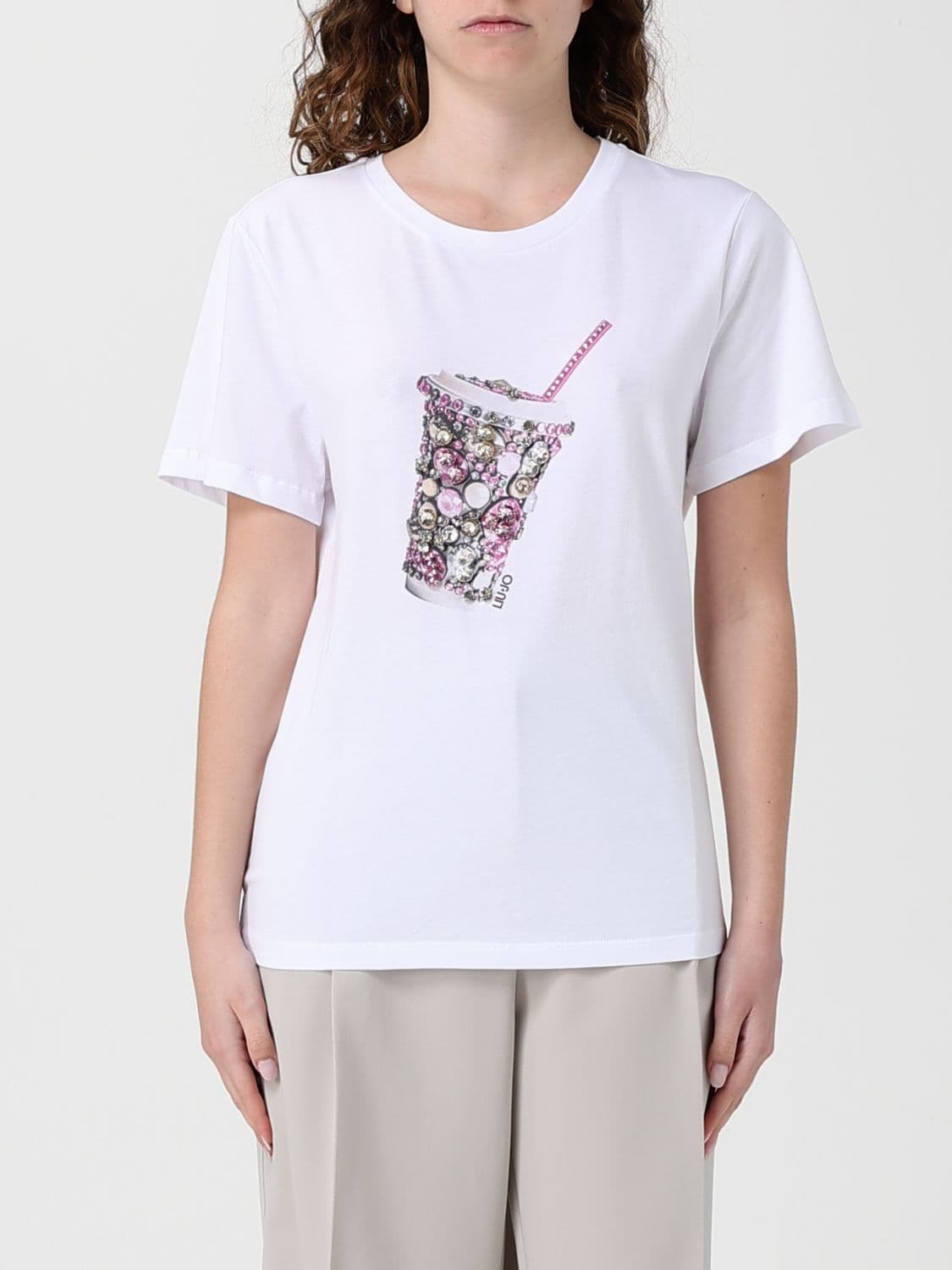 Liu Jo Printed Cotton T-Shirt with Rhinestones
