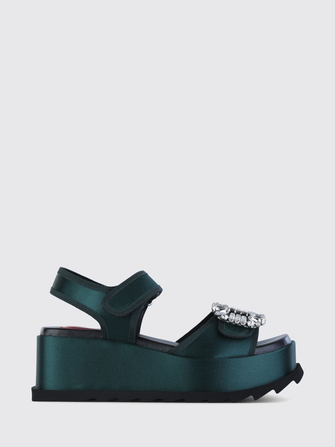 Roger Vivier Wedge Sandal in Satin with Jewel Buckle