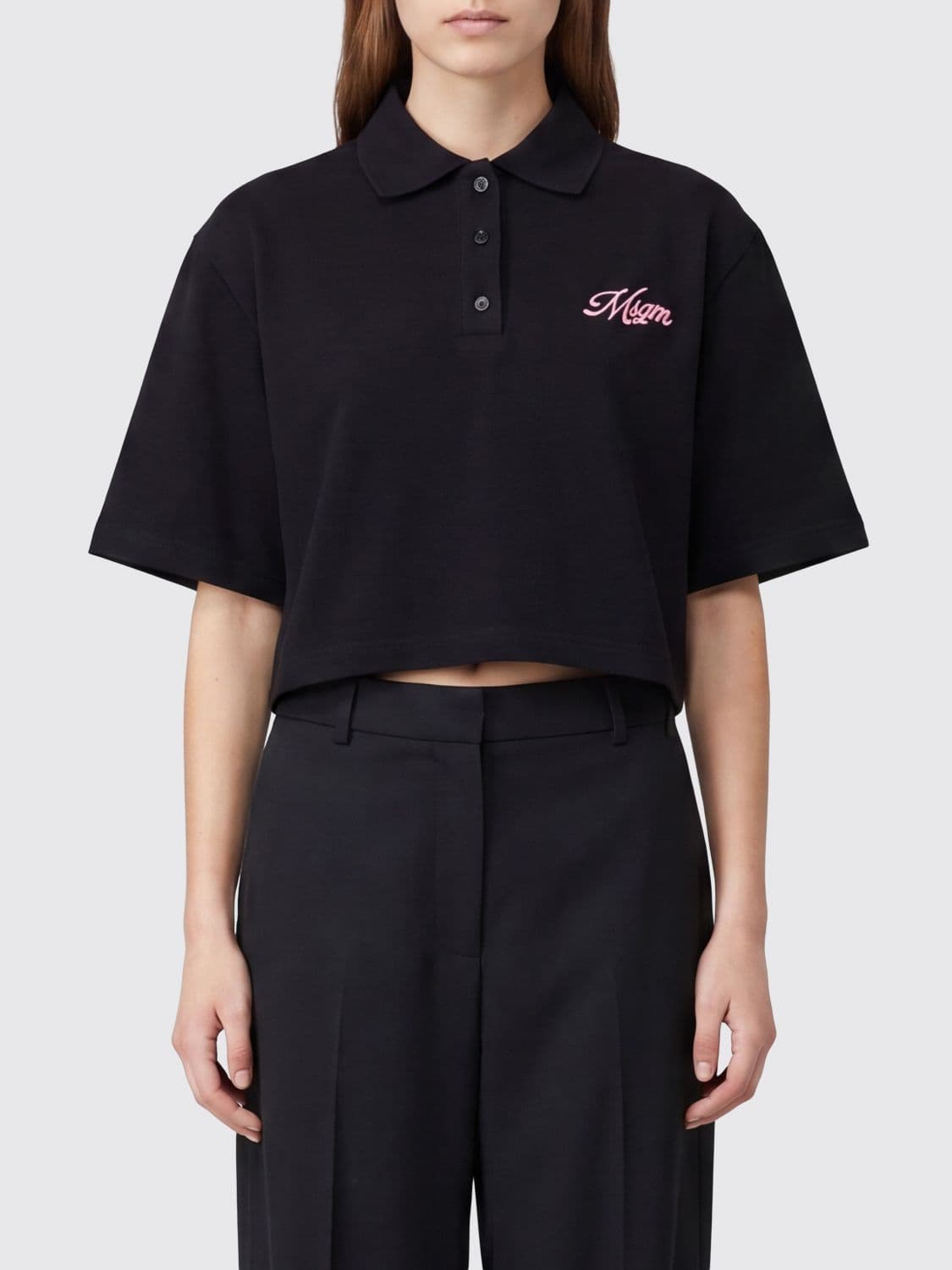 Msgm Logo Cotton Crop Polo Shirt