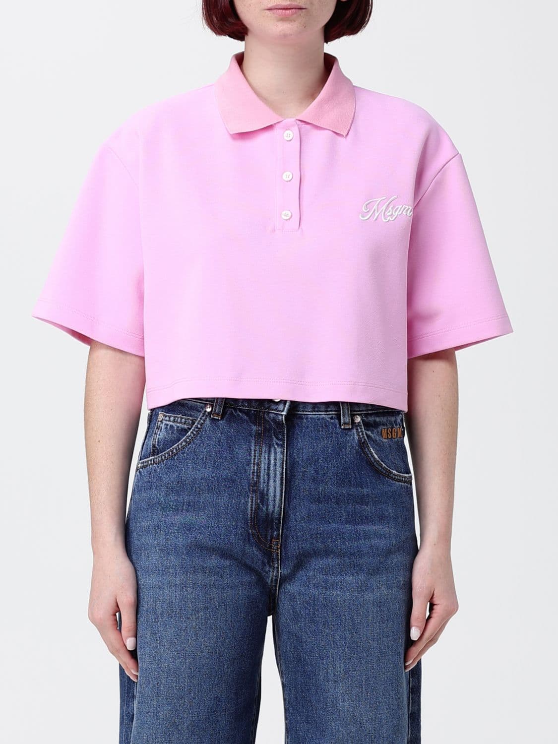 Msgm Logo Cotton Crop Polo Shirt