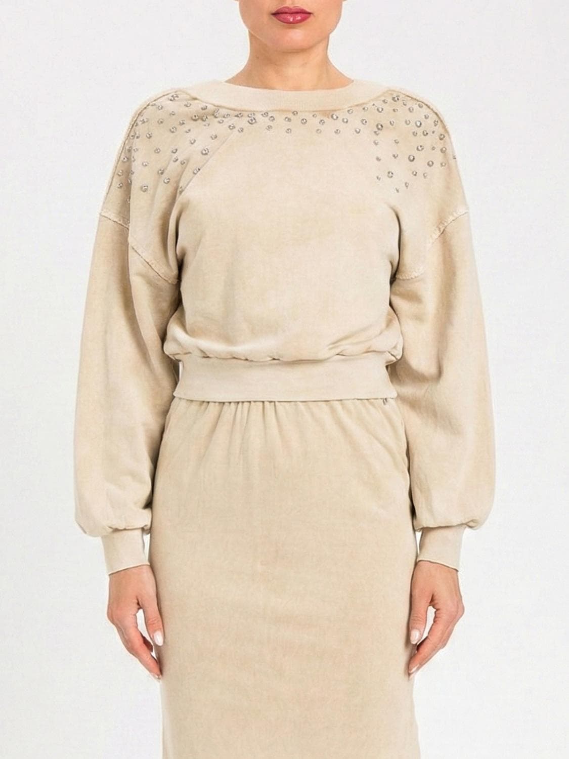 Actitude Twinset Cotton Cropped Sweatshirt with Rhinestones