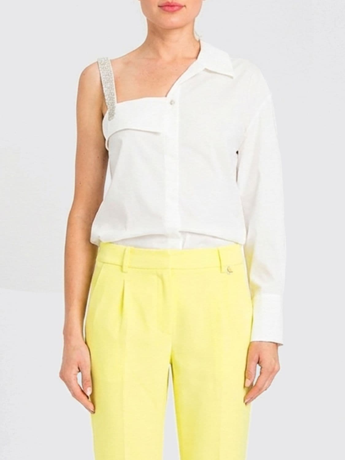 Actitude Twinset One-Shoulder Cotton Shirt with Rhinestones