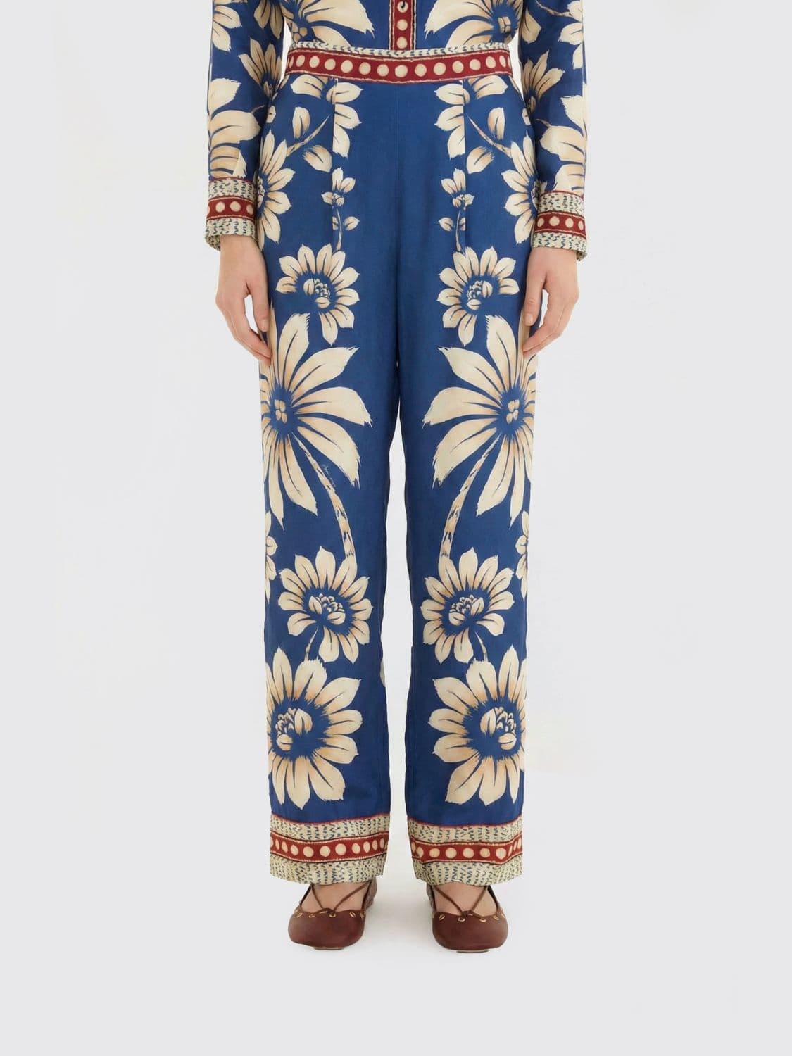 Farm Rio Luna Blue Floral Print Linen Blend Palazzo Trousers