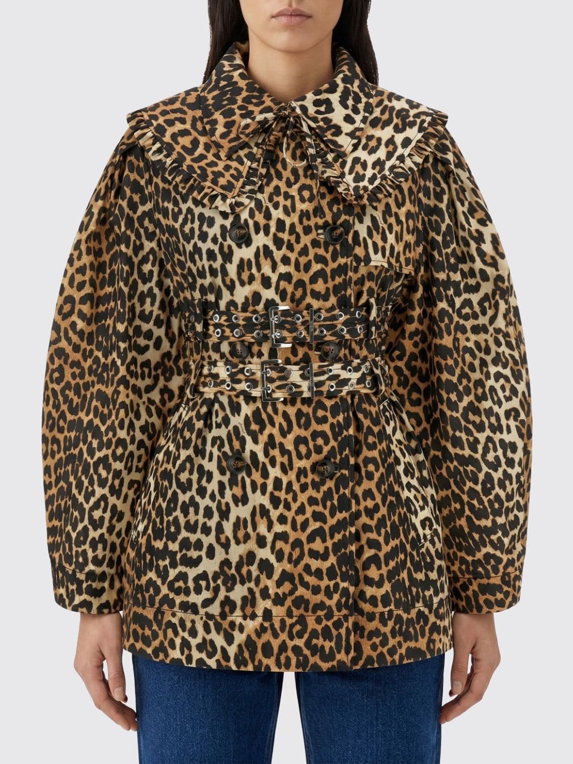 Ganni Animal Print Double-Breasted Polyester Trench Coat