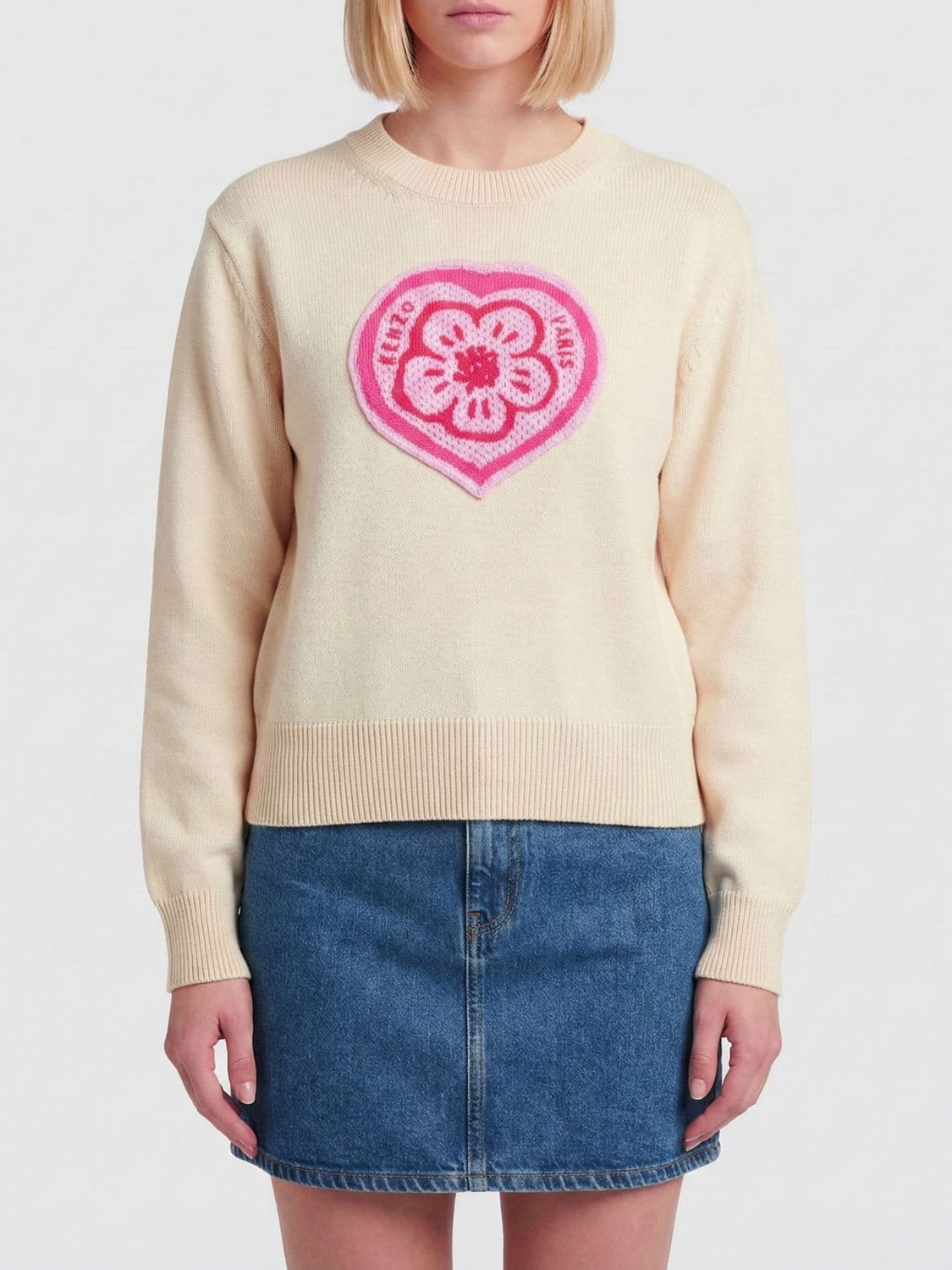 Kenzo Cotton and Wool Crew Neck Knit Top with Boke Heart Logo