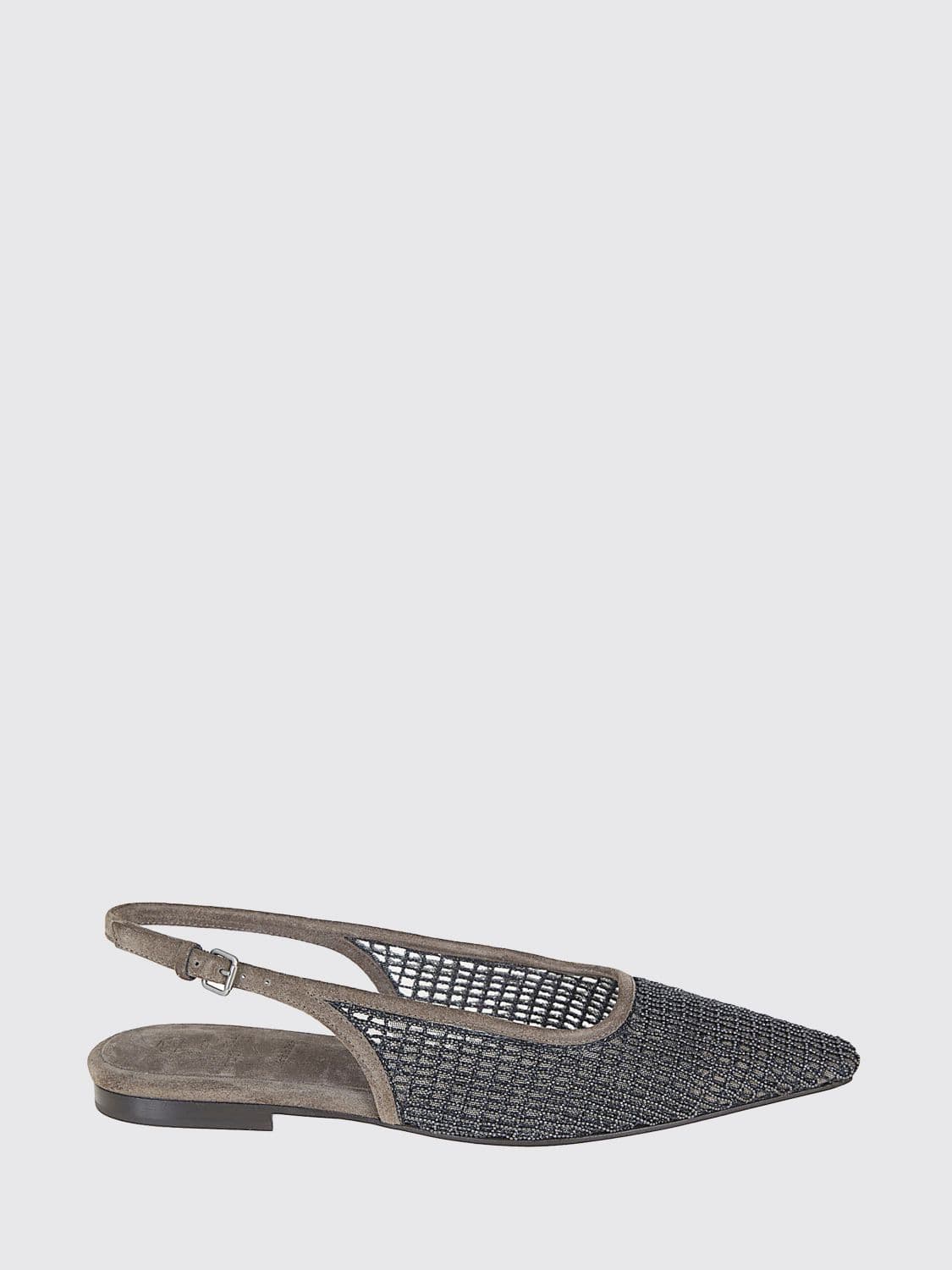 Brunello Cucinelli Mesh Net and Suede Slingback Ballerinas with Monili