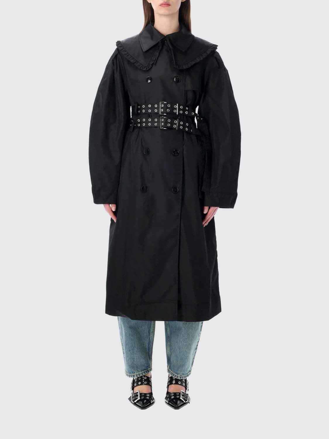Ganni Double Breasted Trench Coat with Double Belt