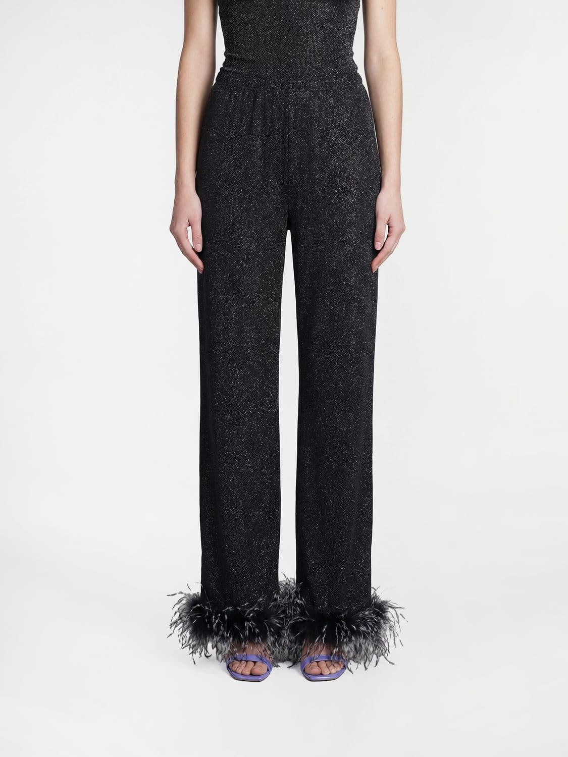 Oséree Lurex Jersey Pants with Feathers