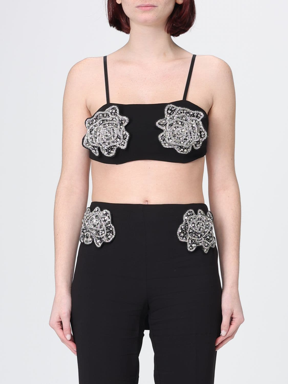 Pinko Cropped Top with Rhinestone Flowers · 40