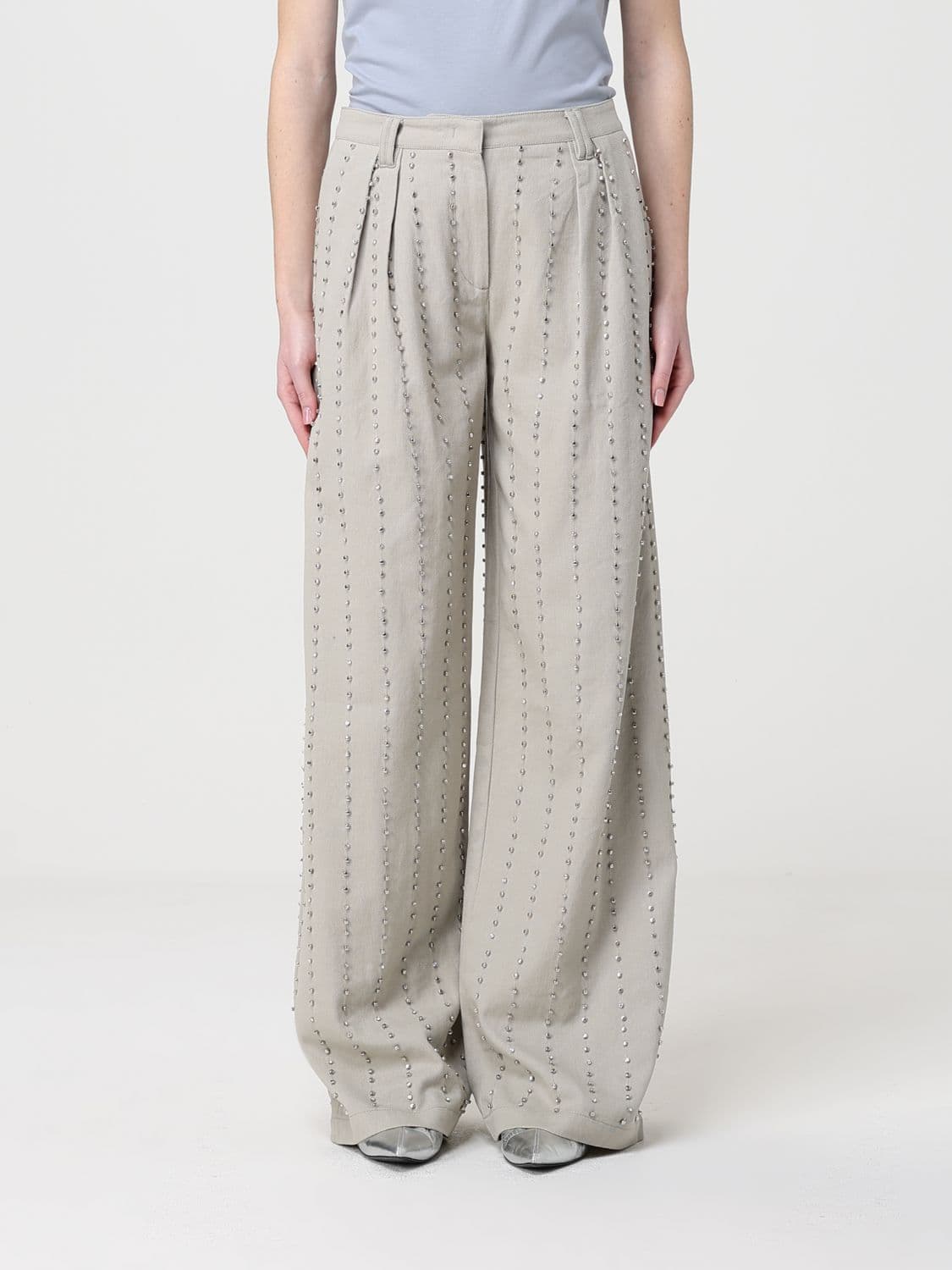 Pinko Wide-Leg Cotton Trousers with Rhinestones · 40