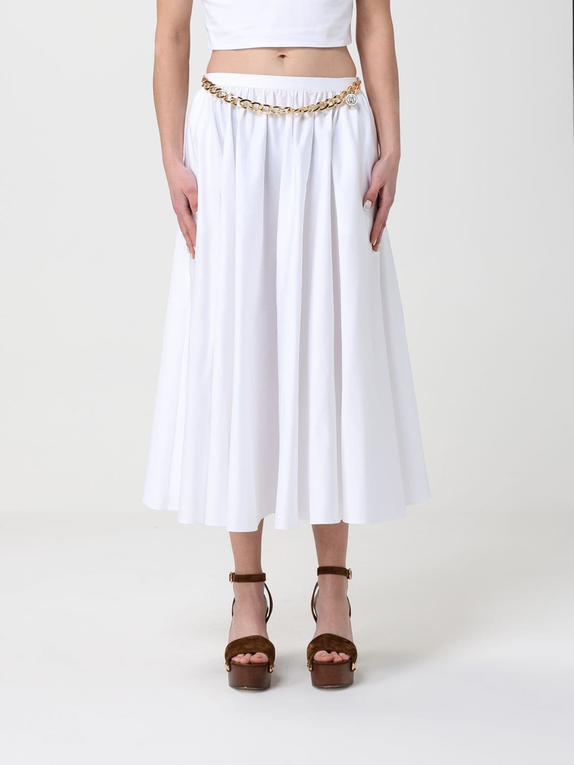 Elisabetta Franchi Cotton Midi Skirt with Chain