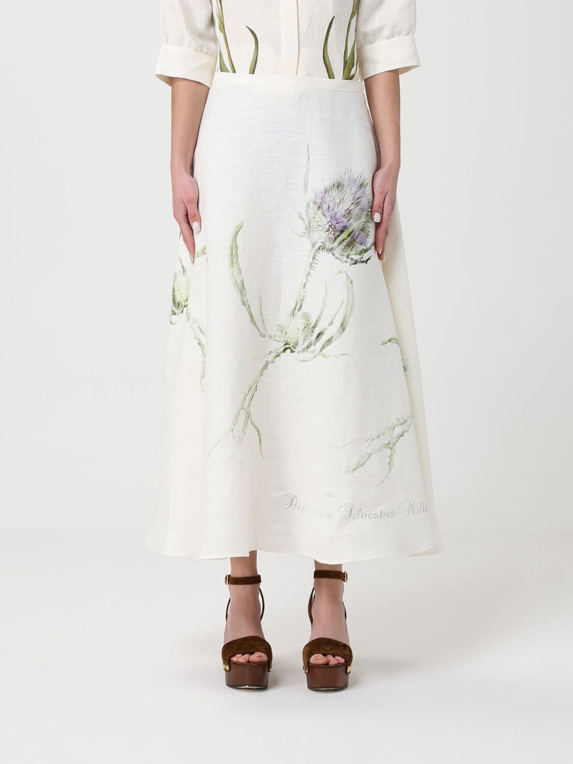 Alberta Ferretti Linen Midi Skirt with Floral Print