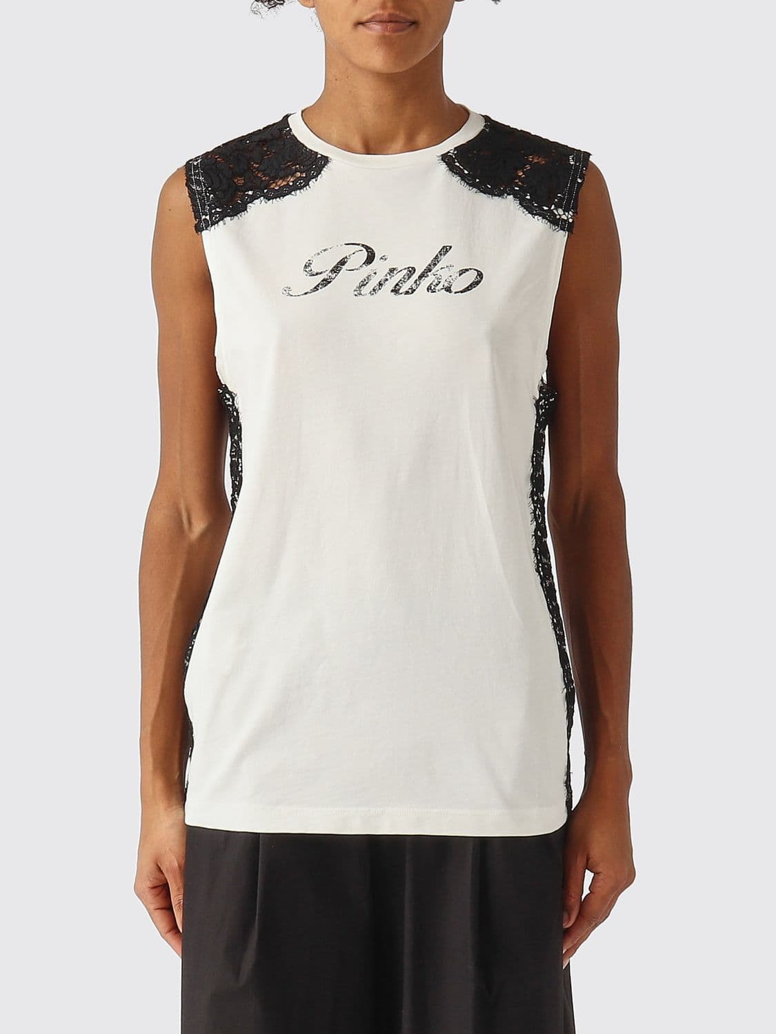 Pinko Cotton and Lace Tank Top with Logo · S