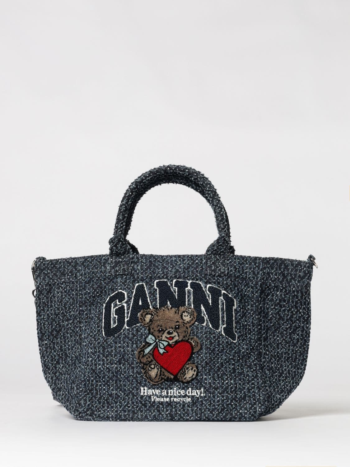 Ganni Denim Small Bear Tote Bag in Organic Cotton Tweed