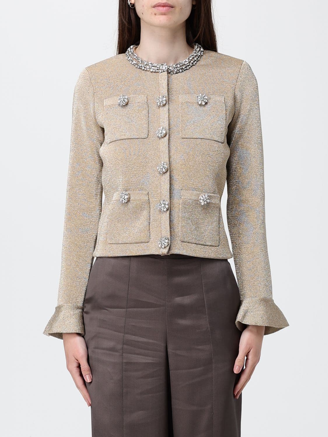 Self-Portrait Lurex Cardigan with Crystals · L
