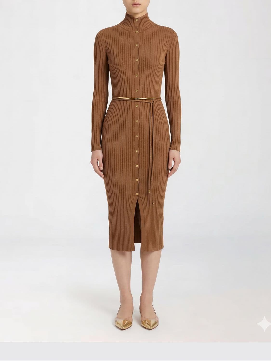 Elisabetta Franchi Ribbed Knit Midi Dress with Buttons
