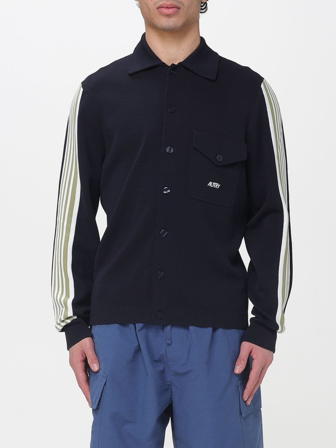 Autry Viscose Knit Polo Cardigan with Stripes