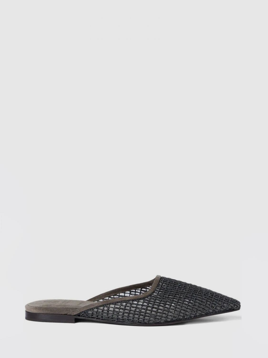 Brunello Cucinelli Suede and Mesh Nylon Mules with Monili