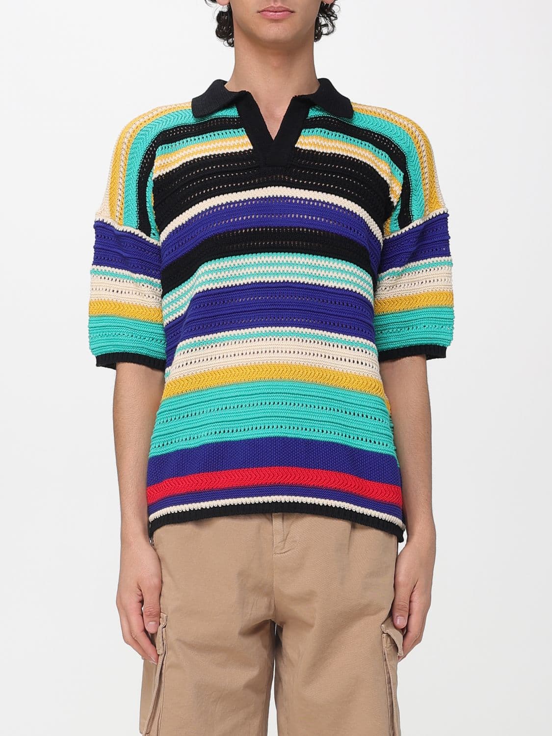 Laneus Striped Interwoven Cotton Knit Polo Shirt
