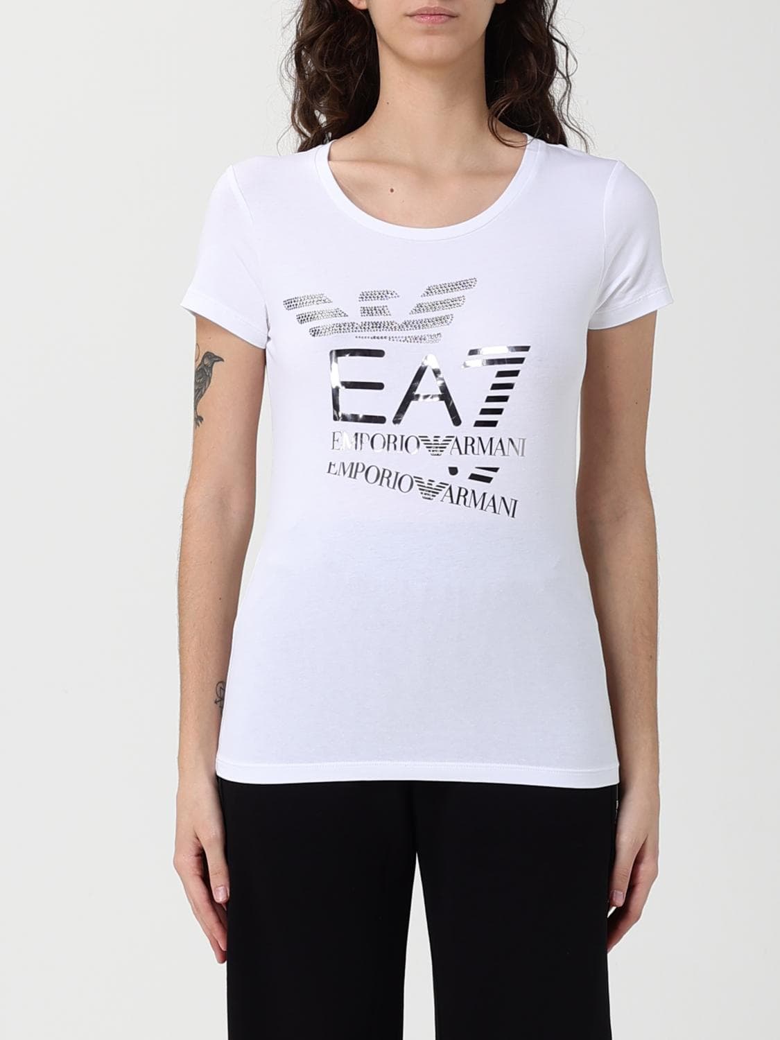 Ea7 Cotton T-Shirts with Rhinestone Logo