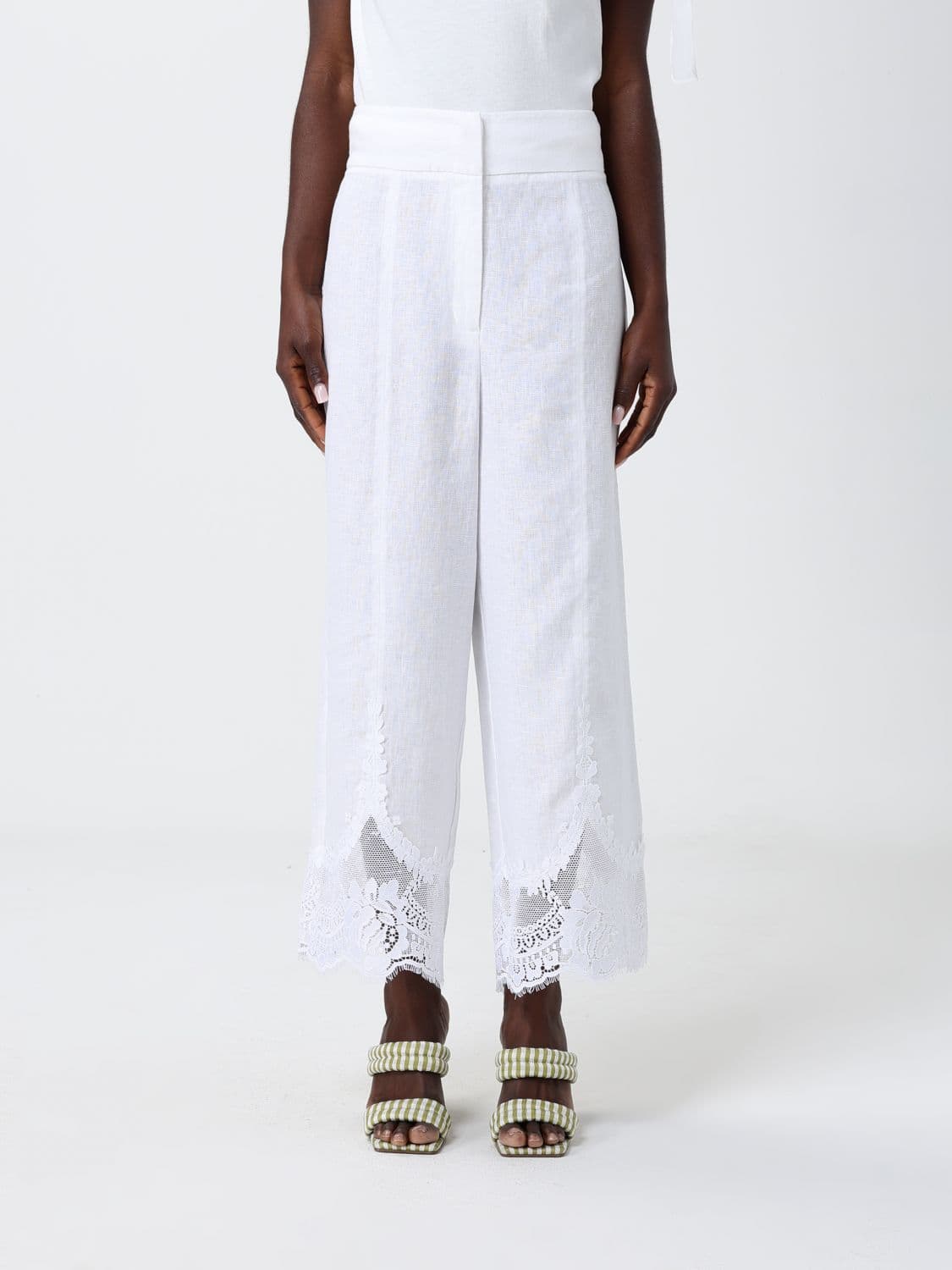 Twinset Linen Cropped Trousers with Lace Inserts