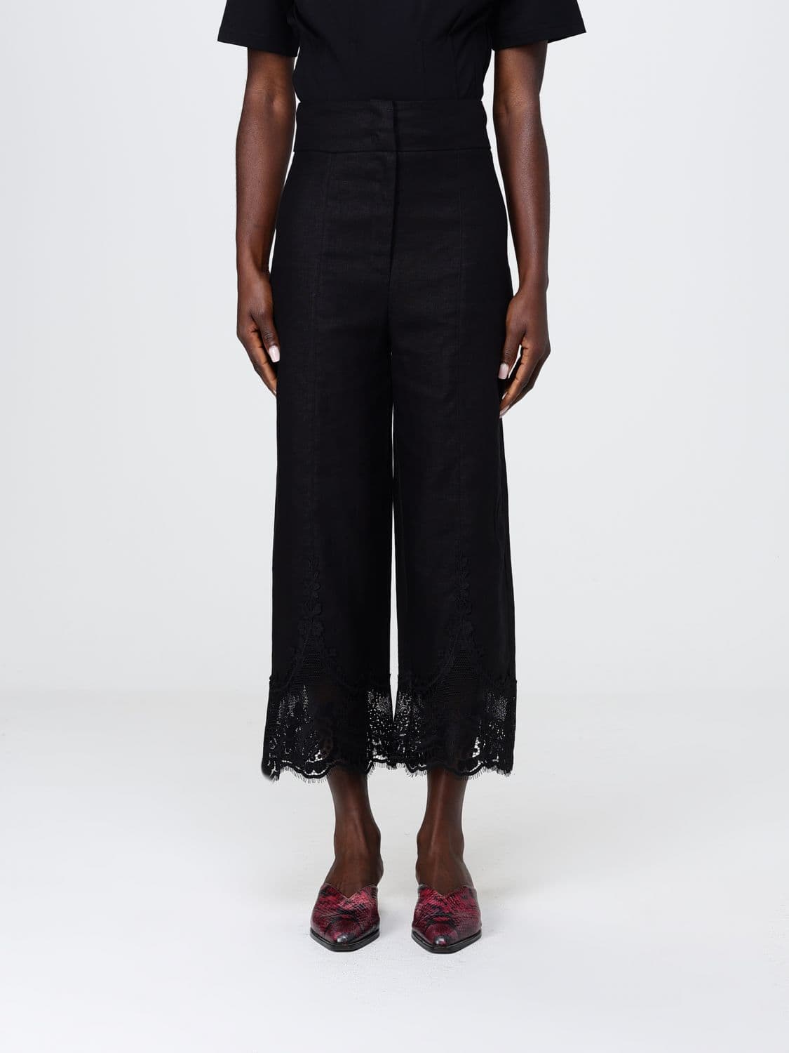 Twinset Linen Cropped Trousers with Lace Inserts