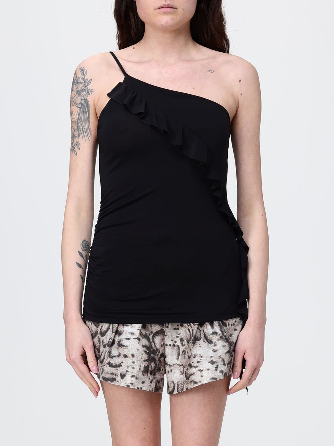 Pinko One-Shoulder Crêpe Top with Ruffles