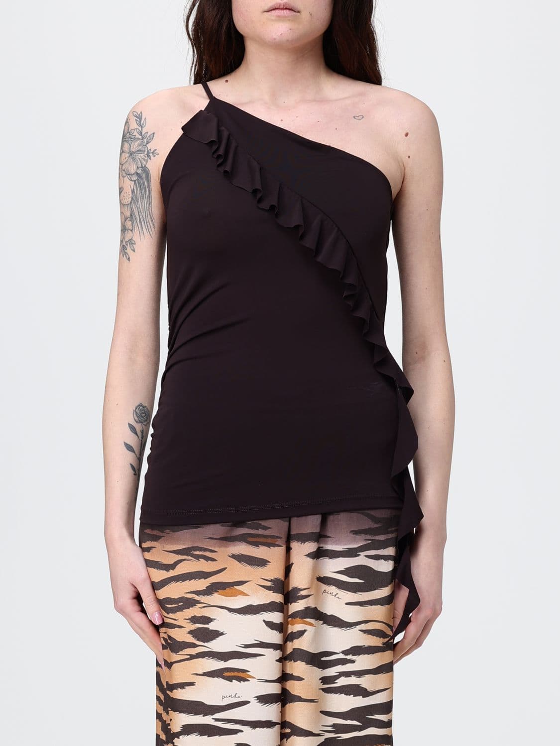 Pinko One-Shoulder Crêpe Top with Ruffles