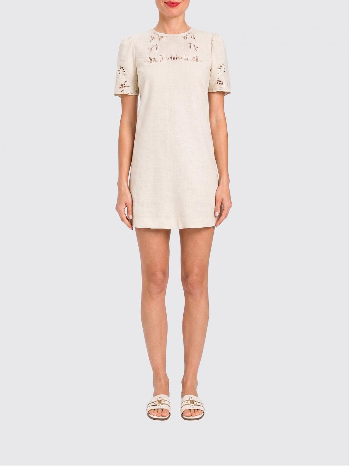 Twinset Linen Mini Dress with Macramé Inserts
