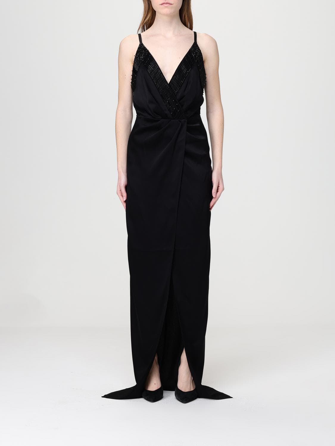 Elisabetta Franchi Long Satin Dress with Sequins
