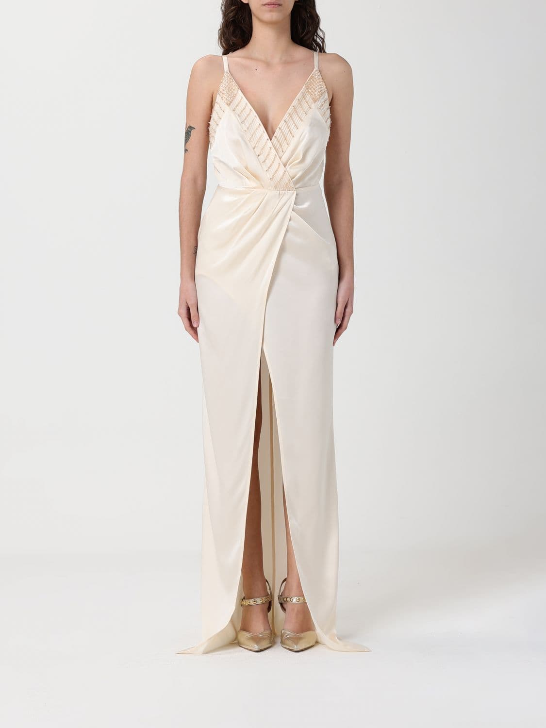 Elisabetta Franchi Long Satin Dress with Sequins