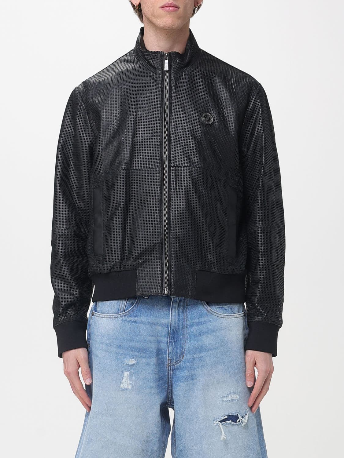 Just Cavalli Leather Bomber Jacket with Logo