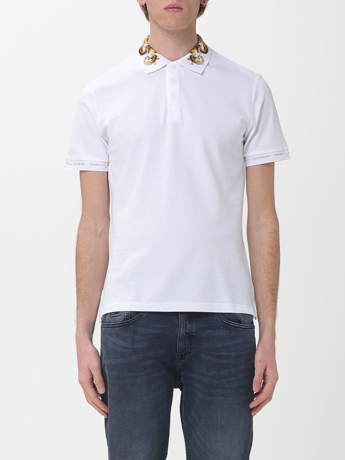 Versace Jeans Couture Cotton Polo Shirt with Baroque Print Collar