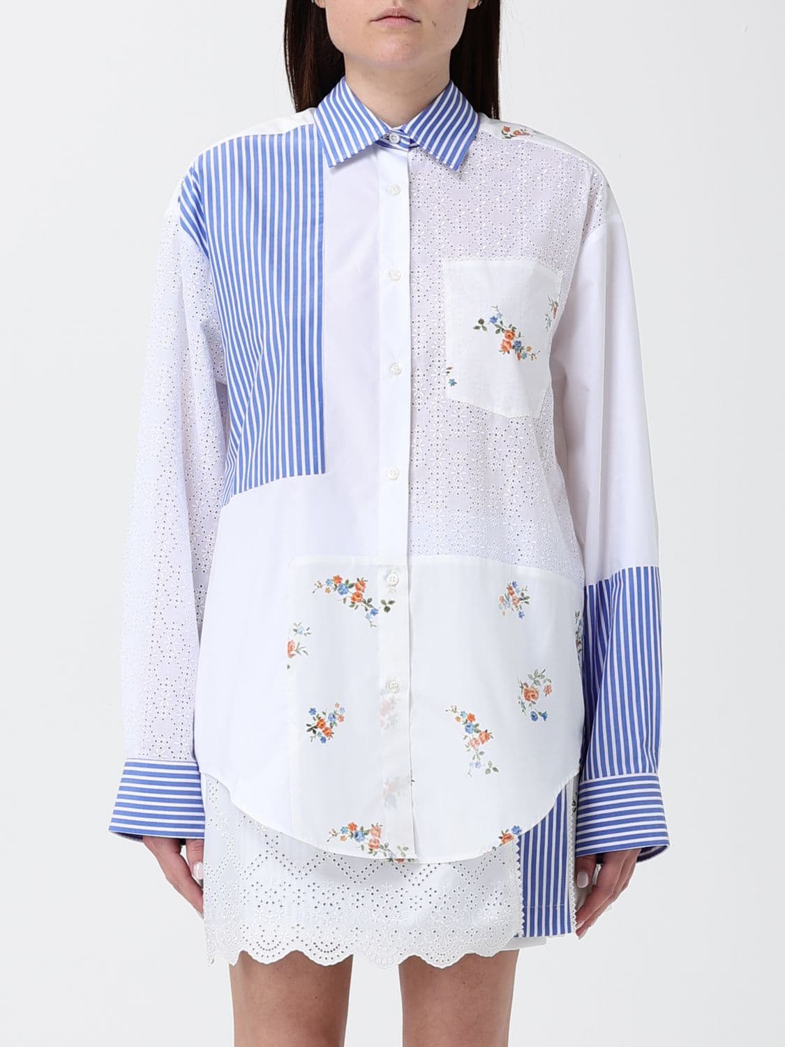 Msgm Striped and Floral Sangallo Cotton Shirt